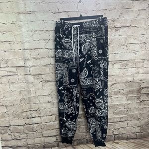 Mens black & white paisley Drawstring Pants Joggers Size Medium